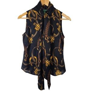 Lauren Ralph Lauren Silk Belt Buckle Horse Print Bow Blouse Top 2‎ Petite